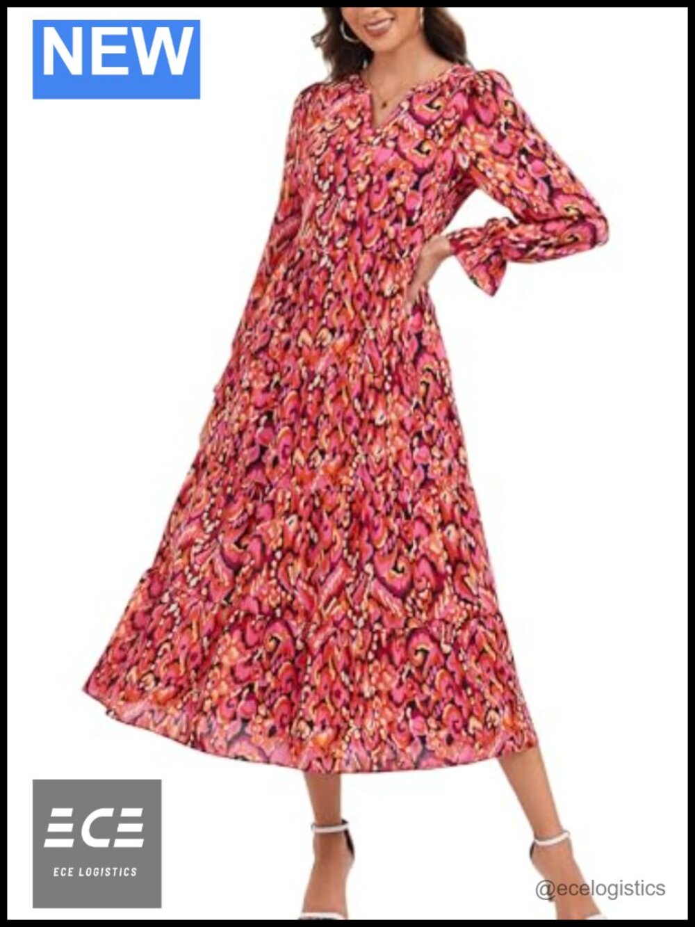 Women's Long Sleeve Floral Maxi Dress V-Neck A-Line Flowy Wedding Guest